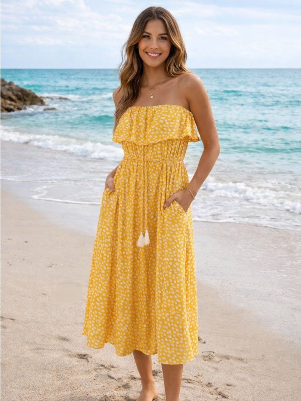Butter Yellow Strapless Midi Dress with White Dot Print